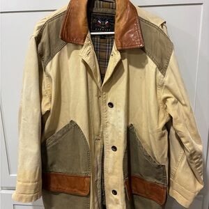 Vintage Express Tan and Brown, army Green Field Barn Jacket with leather collar